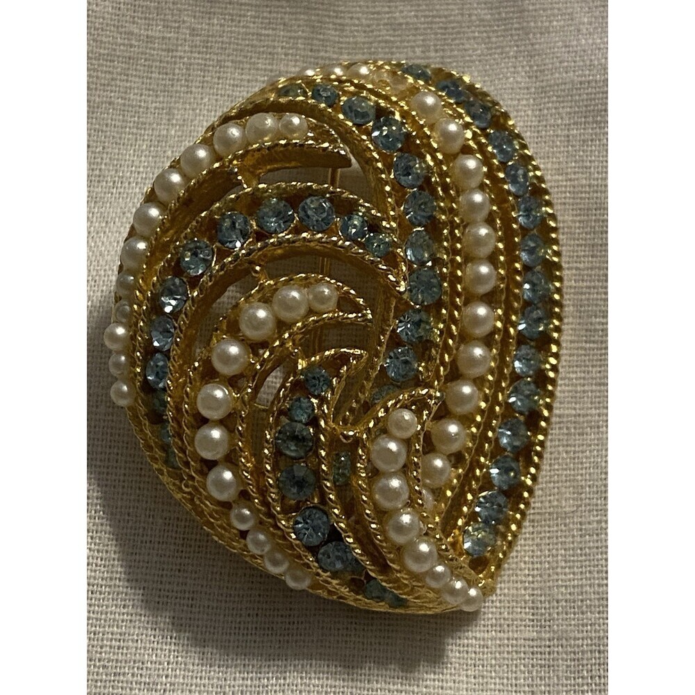 BSK Pearl and Aquamarine Rhinestone Brooch
